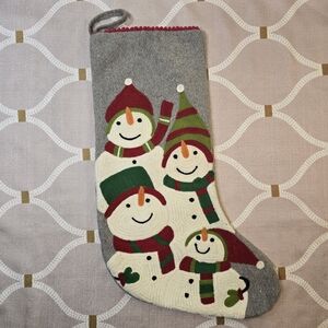 Max Studio Home Christmas Gray Wool w/ Knit Snowmen Oversized Stocking 19"